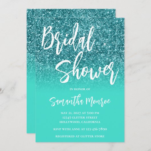 ティール（緑がかった色）グリッターブライトターコイズグラデーションブライダルシャワー 招待状 (正面/裏面)