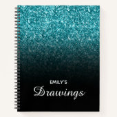 ティール(緑がかった色)グリッターブラックグラデーションパーソナライズされたスケッチ ノートブック (正面)