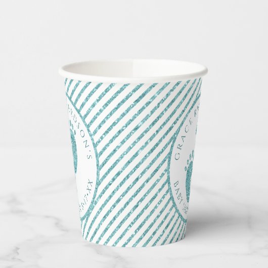 ティール(緑がかった色)グリッターベビー足紙カップ | カスタマイズ 紙コップ (左)