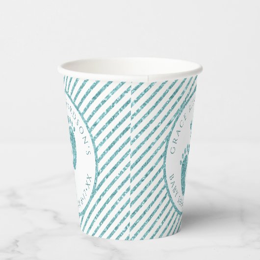 ティール(緑がかった色)グリッターベビー足紙カップ | カスタマイズ 紙コップ (右)