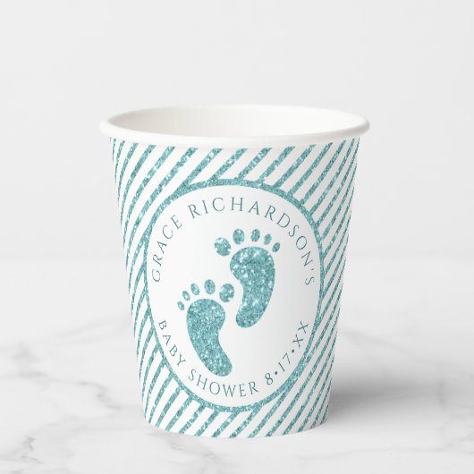 ティール(緑がかった色)グリッターベビー足紙カップ | カスタマイズ 紙コップ (正面)