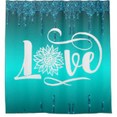 ティール(緑がかった色)グリッターラブサンフラワー シャワーカーテン (正面)