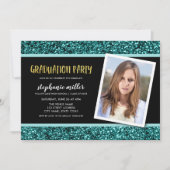 ティール（緑がかった色）グリッター写真卒業パーティー招待状 招待状 (正面)