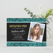ティール（緑がかった色）グリッター写真卒業パーティー招待状 招待状 (スタンド正面)