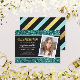 ティール（緑がかった色）グリッター写真卒業パーティー招待状 招待状