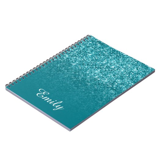 ティール（緑がかった色）グリッター及びグラデーションパーソナライズされた ノートブック (左側)