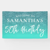 ティール（緑がかった色）グリッター及びターコイズ50誕生日 横断幕 (横)