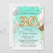 ティール(緑がかった色)グリッター大理石&金ゴールドバルーン30th誕生日 招待状 (正面)