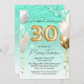 ティール(緑がかった色)グリッター大理石&金ゴールドバルーン30th誕生日 招待状 (正面/裏面)