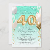 ティール（緑がかった色）グリッター大理石&金ゴールドバルーン40th誕生日 招待状 (正面)