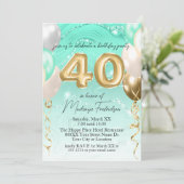 ティール（緑がかった色）グリッター大理石&金ゴールドバルーン40th誕生日 招待状 (スタンド正面)