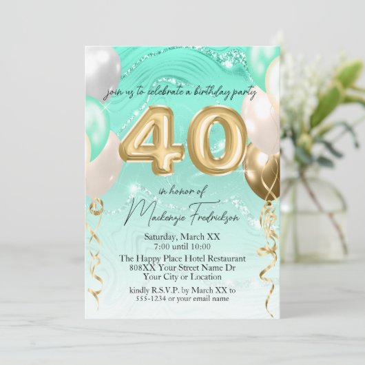 ティール(緑がかった色)グリッター大理石&金ゴールドバルーン40th誕生日 招待状 (スタンド正面)