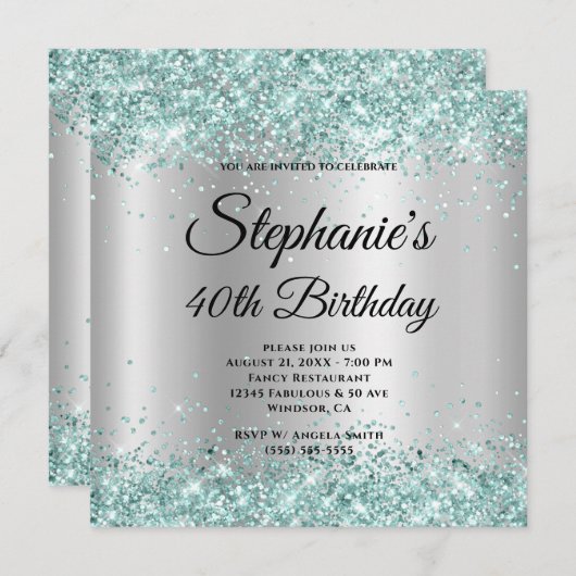 ティール(緑がかった色)グリッター淡い色のシルバーグラディエント40th誕生日 招待状 (正面/裏面)