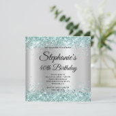 ティール(緑がかった色)グリッター淡い色のシルバーグラディエント40th誕生日 招待状 (スタンド正面)