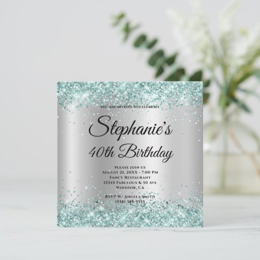 ティール（緑がかった色）グリッター淡い色のシルバーグラディエント40th誕生日 招待状 (スタンド正面)
