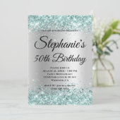 ティール(緑がかった色)グリッター淡い色の銀勾配 招待状 (スタンド正面)
