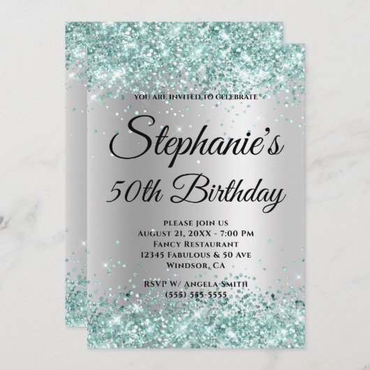 ティール（緑がかった色）グリッター淡い色の銀勾配 招待状 (正面/裏面)