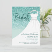 ティール（緑がかった色）グリッター結婚ズドレスシックブライダルシャワー 招待状 (スタンド正面)