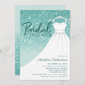 ティール（緑がかった色）グリッター結婚ズドレスシックブライダルシャワー 招待状 (正面/裏面)