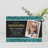 ティール(緑がかった色)グリッターAny Ageフォト誕生日招待状 招待状 (スタンド正面)
