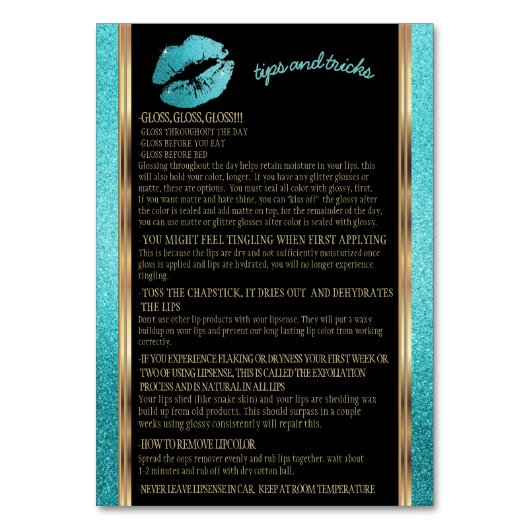 ティール（緑がかった色）グリッターLipの手順の適用方法 テーブルナンバー (裏面)