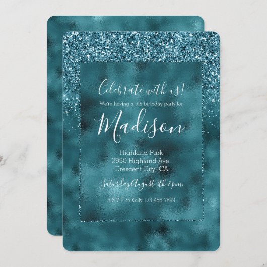 ティール（緑がかった色）グリッツグリッターグラム 招待状 (正面/裏面)