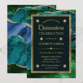 ティール（緑がかった色）、グリーンおよび金ゴールドグリッターアゲートキンセアニェラ 招待状 (正面/裏面)
