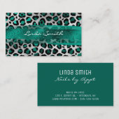 ティール（緑がかった色）グリーンとシルバーフォイルヒョウのブラシストローク 名刺 (正面/裏面)