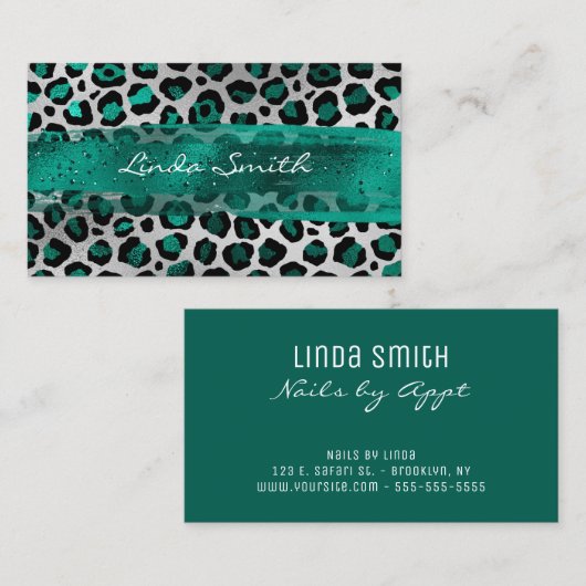 ティール（緑がかった色）グリーンとシルバーフォイルヒョウのブラシストローク 名刺 (正面/裏面)