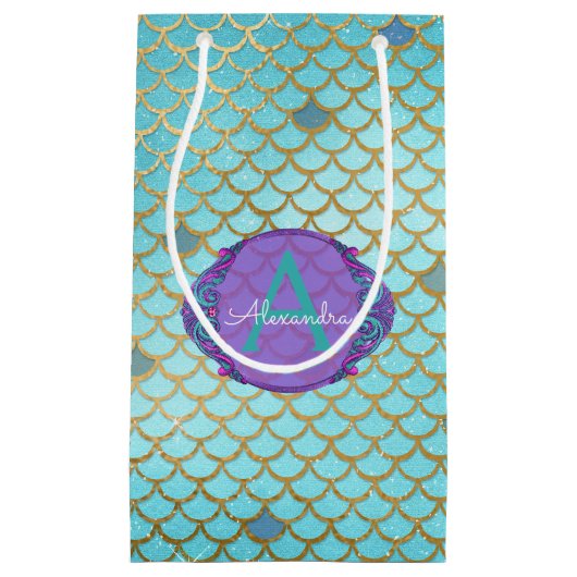 ティール（緑がかった色）グリーンとパープルマーメイドはかりで測モノグラムの スモールペーパーバッグ (正面)