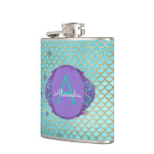 ティール(緑がかった色)グリーンとパープルマーメイドはかりで測モノグラムの フラスク (左)