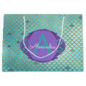 ティール（緑がかった色）グリーンとパープルマーメイドはかりで測モノグラムの ラージペーパーバッグ (正面)