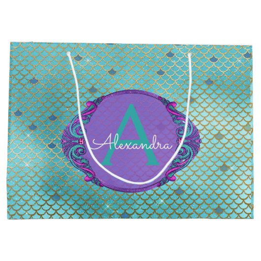 ティール（緑がかった色）グリーンとパープルマーメイドはかりで測モノグラムの ラージペーパーバッグ (裏面)