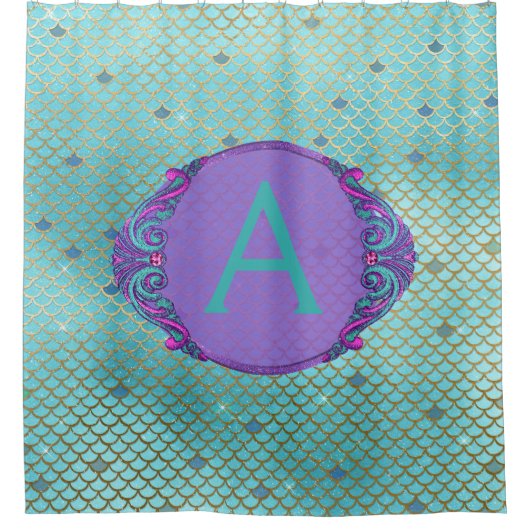 ティール(緑がかった色)グリーンとパープルマーメイドモノグラはかりで測ム シャワーカーテン (正面)