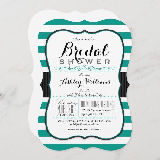 ティール（緑がかった色）グリーンとホワイトストライプブライダルシャワー 招待状 (正面/裏面)