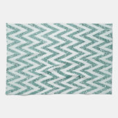 ティール(緑がかった色)グリーンと白フェイクグリッタージグザグ キッチンタオル (横)