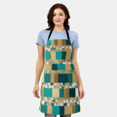ティール(緑がかった色)グリーンと金ゴールド幾何学模様(花つき) エプロン (着用した状態)