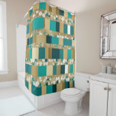 ティール（緑がかった色）グリーンと金ゴールド幾何学模様（花つき） シャワーカーテン (インサイチュ)