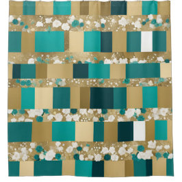 ティール（緑がかった色）グリーンと金ゴールド幾何学模様（花つき） シャワーカーテン