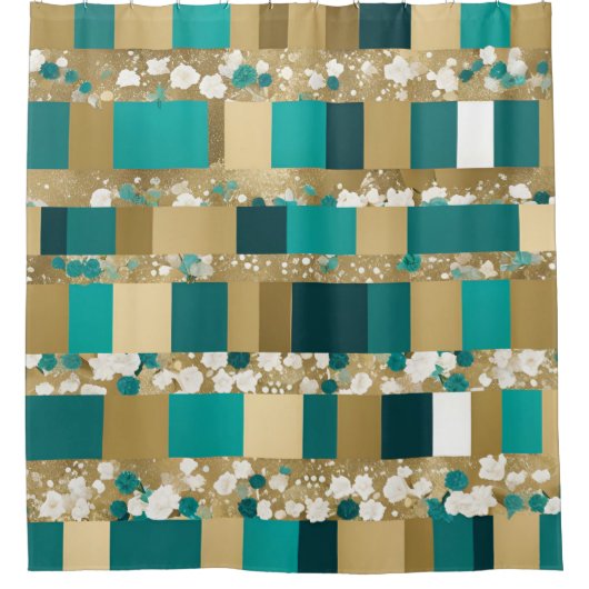 ティール（緑がかった色）グリーンと金ゴールド幾何学模様（花つき） シャワーカーテン (正面)