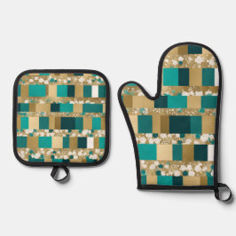 ティール（緑がかった色）グリーンと金ゴールド幾何学模様（花つき） 鍋つかみ&鍋敷きセット