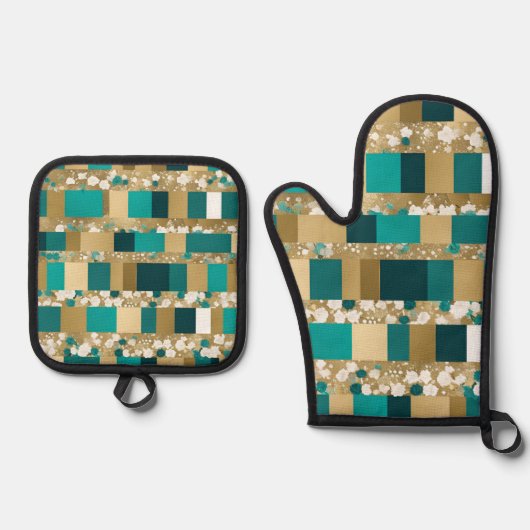 ティール（緑がかった色）グリーンと金ゴールド幾何学模様（花つき） 鍋つかみ&鍋敷きセット (正面)