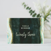 ティール(緑がかった色)グリーンと金ゴールド結婚ゲートのテーブル番号 招待状 (スタンド正面)