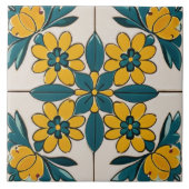 ティール(緑がかった色)グリーンと黄色の花幾何学的フローラ タイル (正面)