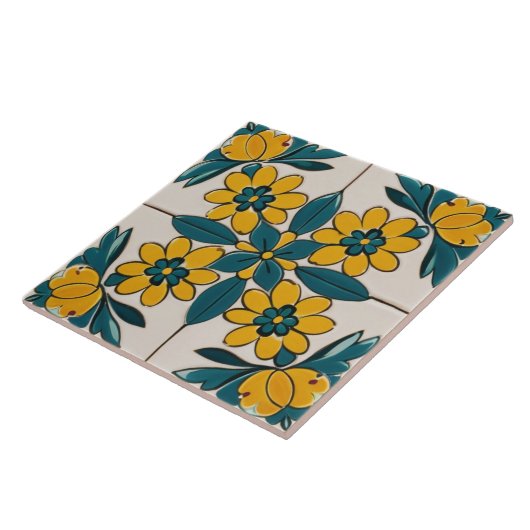 ティール(緑がかった色)グリーンと黄色の花幾何学的フローラ タイル (側面)
