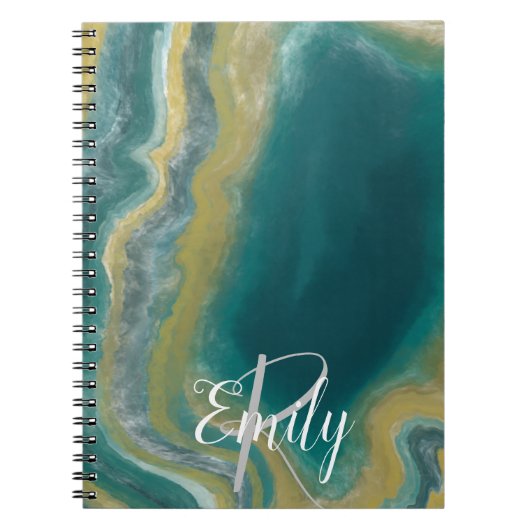 ティール(緑がかった色)グリーンアガテマーブル抽象芸術名モノグラム ノートブック (正面)