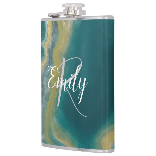 ティール（緑がかった色）グリーンアガテマーブル抽象芸術名モノグラム フラスク (左)