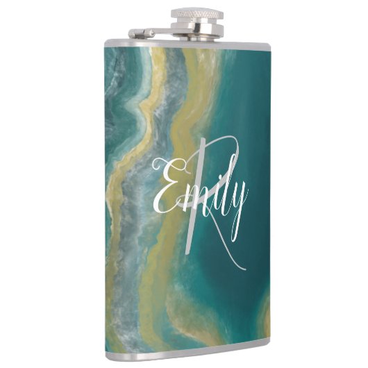 ティール（緑がかった色）グリーンアガテマーブル抽象芸術名モノグラム フラスク (右)