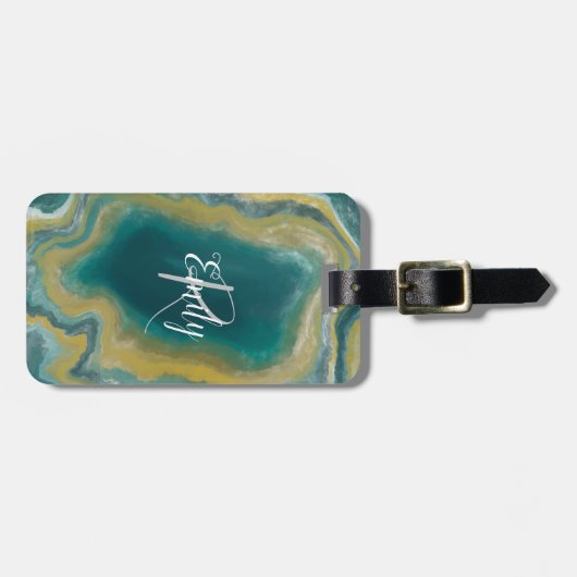 ティール(緑がかった色)グリーンアガテマーブル抽象芸術名モノグラム ラゲッジタグ (正面横)