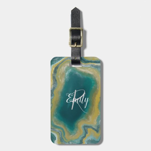 ティール(緑がかった色)グリーンアガテマーブル抽象芸術名モノグラム ラゲッジタグ (正面縦)